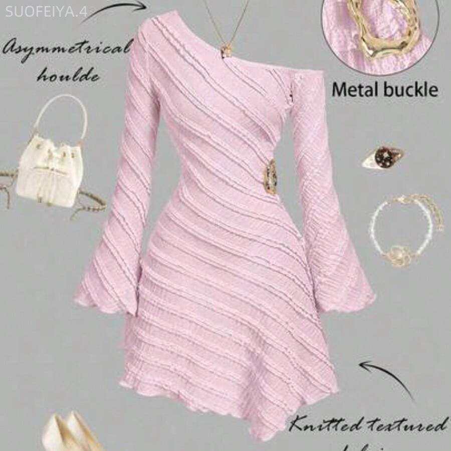 Fengyu Women's Clothing Store Vestido de mujer con manga acampanada y hombro asimétrico en jacquard - Rosa - Ver 1