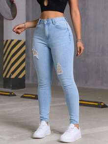 Women's Skinny Denim Jeans With Elastic Mid-Rise Knees, Butt Lifting Pants - azul claro - View 4