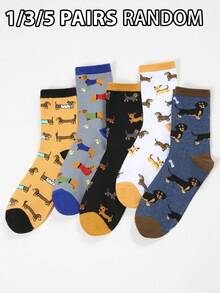 1/3/5 Pairs (Randomly Shipped) Men's Autumn/Winter Fun Cartoon Dachshund Dog Pattern Color-Block Mid-Calf Socks Set, Suitable For Daily Wear, Sports, Travel, Outdoor, Gifts, Holidays, Holiday Gift, Color-Block Style, Fun Design, Comfortable Fit, Hand Wash Only, Novelty Socks, Gift Set, Men's Fashion, Sock Collector - Multicolor - View 1