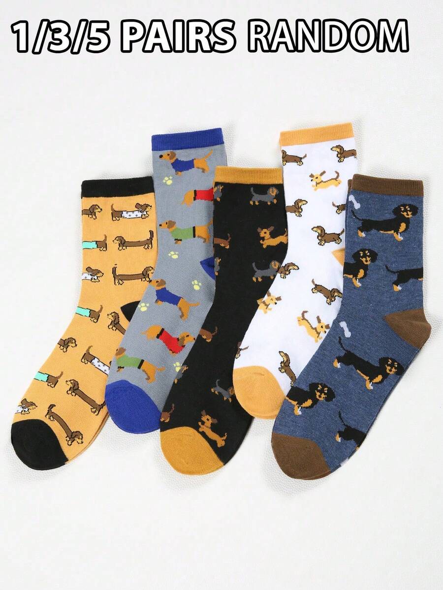 1/3/5 Pairs (Randomly Shipped) Men's Autumn/Winter Fun Cartoon Dachshund Dog Pattern Color-Block Mid-Calf Socks Set, Suitable For Daily Wear, Sports, Travel, Outdoor, Gifts, Holidays, Holiday Gift, Color-Block Style, Fun Design, Comfortable Fit, Hand Wash Only, Novelty Socks, Gift Set, Men's Fashion, Sock Collector - Multicolor - View 1