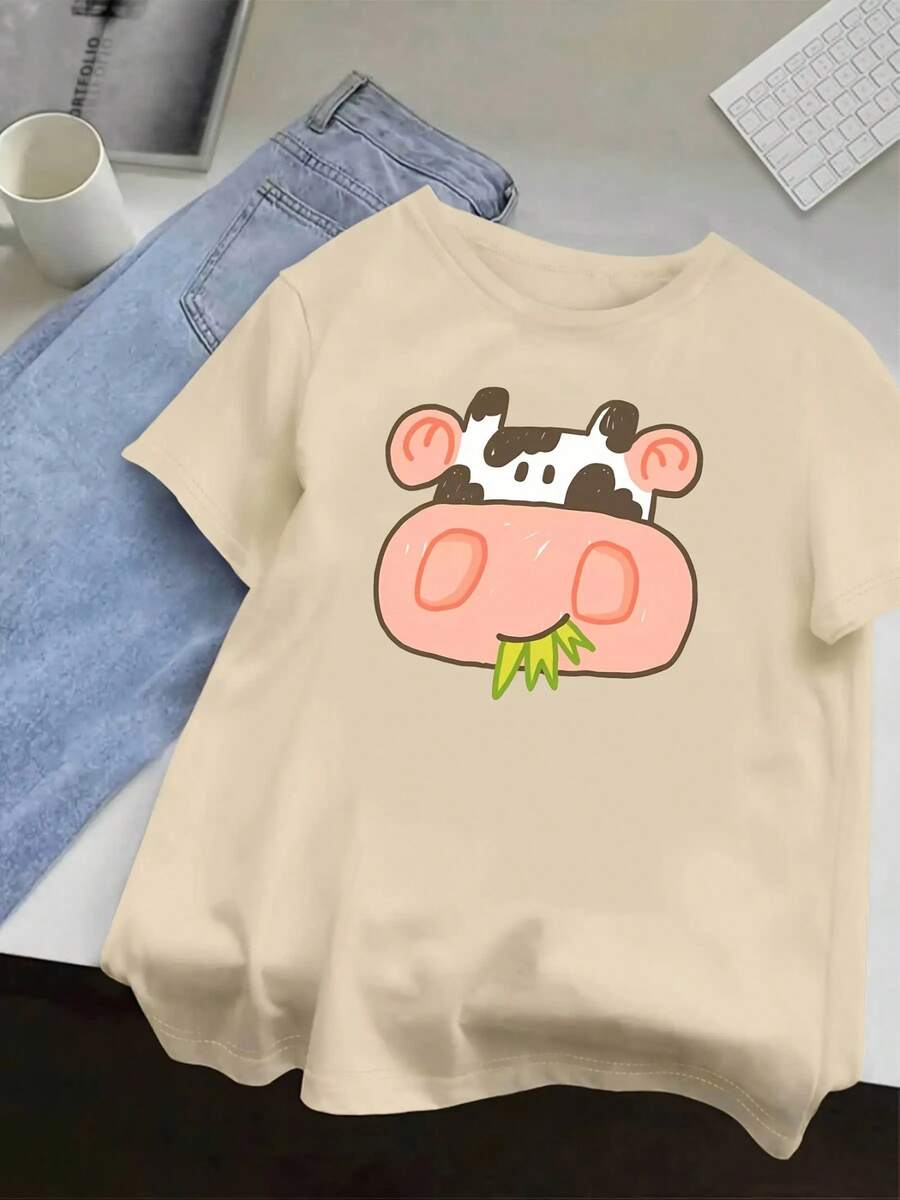 ve, diseño de cara de vaca de dibujos animados y puntos negros, transpirable para uso diario en primavera y verano, disponible en varios colores (se muestra el beige claro) blusas para mujer - Albaricoque - Ver 1