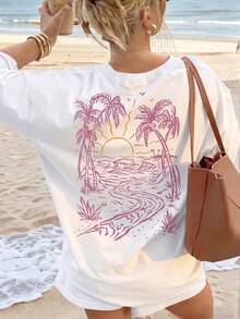 Casual Graphic Print Short Sleeve T-Shirt, Relaxed Holiday Style For Summer White Vacation - White - View 1