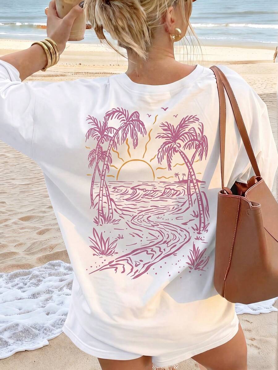 Casual Graphic Print Short Sleeve T-Shirt, Relaxed Holiday Style For Summer White Vacation - White - View 1