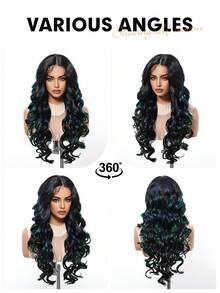 13*5*1 T-Part Lace Front Hair Wigs Black Highlights Green Long Curly Mid Split Wigs , Half Wig Natural Synthetic Heat Resistant Wigs For Women Daily Party Use Natural Looking, Halloween Christmas Gifts, Gifts For Girlfriends - Green Highlight - View 12