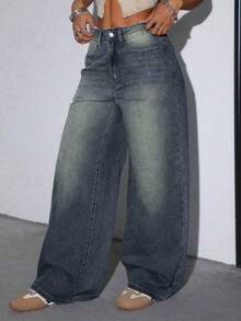 Women's Casual Loose Straight Leg Jeans With Pockets - Deep Nostalgic Color - View 5