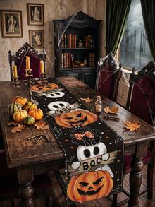 1pc Halloween Linen Table Runner, 183*33cm Pumpkin & Ghost Pattern Polyester Table Runner, Halloween Decoration, Halloween Party Dinner Table Decor, Home Decor, Halloween Candy Decoration, Happy Halloween Decoration, Table Centerpiece Decor, Scary Halloween Decoration, Tabletop Decor - Multicolor - View 3