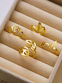 4pcs Stainless Steel Personalized Line Leaf Star Moon Ring Set, Suitable For Casual Party Wear - Gold - View 2