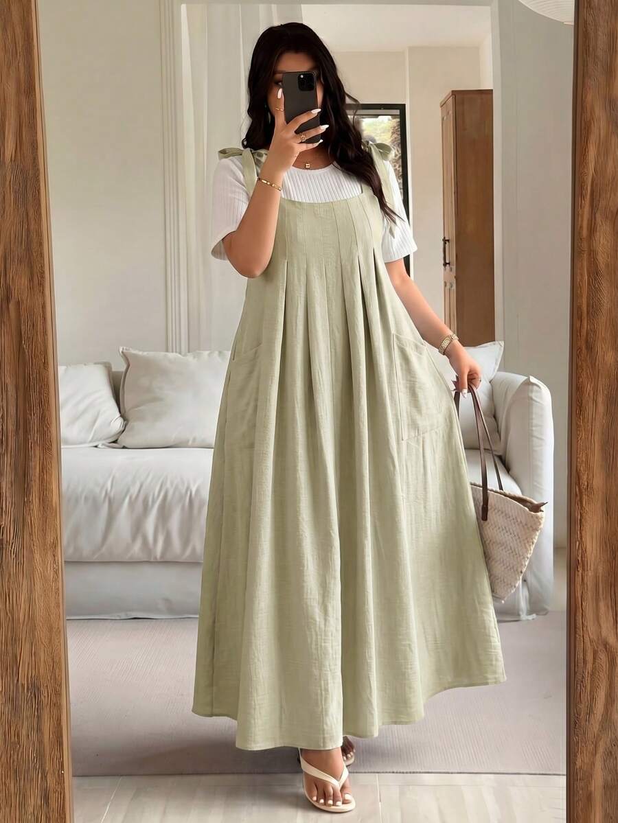大尺碼女款條紋雙口袋休閒寬鬆吊帶長洋裝,優雅夏季女裝套裝 - 杏色 - 查看 1