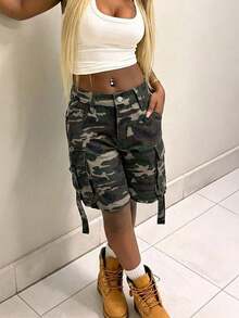 Women's Straight Leg Cargo Denim Capri Pants Casual Summer - 軍綠色 - 查看 6
