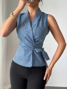 Plain Sleeveless Vest With Drawstring Summer 2026 - 藍色 - 查看 2