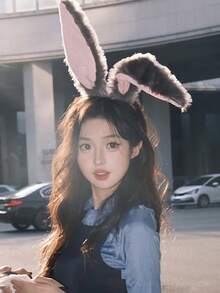 1pc Rabbit Police Officer Plush Headband, Cute Photo Prop Headpiece, Amusement Park Rabbit Ear Hair Accessory, Cosplay Head Hoop,Party - A - View 3