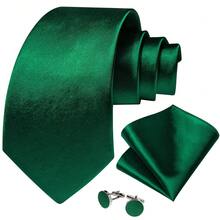 Emerald Green Solid Feel Tie Set With Cufflinks And Pocket Square For Formal Wear - Green - View 2