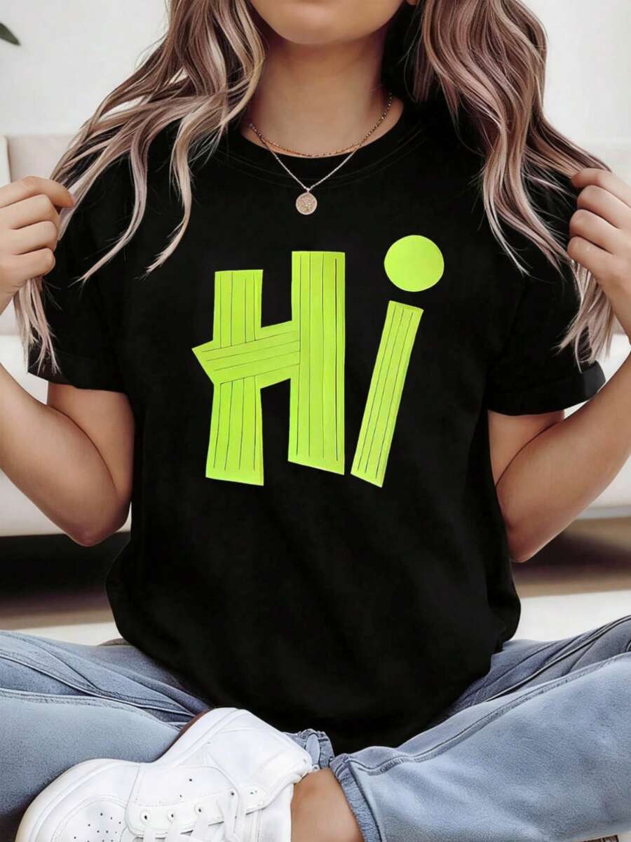 Women's T-Shirt With "Hi" Print, Urban Style, Warm And Attractive Top, Ideal For Music Festivals, City Outings, Parties And Photoshoots With Friends, Short Sleeves - 黑 - 查看 1