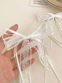 2pcs Women's White Floral Print Lace Premium Texture 22cm/8.66in Ribbon Bow Hair Clips, Simple Fashion Elegant Cute Princess Style Vintage Court Style Casual Street Minimalist Style Outfit Matching Suitable For Women's Daily Hair Styling Decoration Makeup Decoration Commute Vacation Travel School College Party Holiday Gift Use Wear Hair Clips Hair Clips Hair Accessories Headwear, Hair Slide - White - View 2