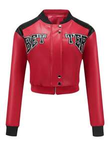 Women's Red PU Leather Motorcycle Jacket With Zipper And Embroidery, Short Baseball Collar Long Sleeve Street Style - Red - View 6