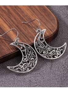 Vintage Moon Pendant Earrings, Hollowed-Out Scrollwork Craftsmanship, Feminine Accessory, Versatile Vacation Gift Jewelry - Silver - View 8
