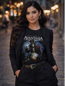 Avantasia Gothic Heavy Metal Graphic T-Shirt Featuring Tobias Sammet And Jorn Lande - Black Fantasy Design With Globe, Skulls, Stars And Moon - Heavy Metal T-Shirt For Men And Women, Gothic T-Shirts - 黑色 - 查看 1
