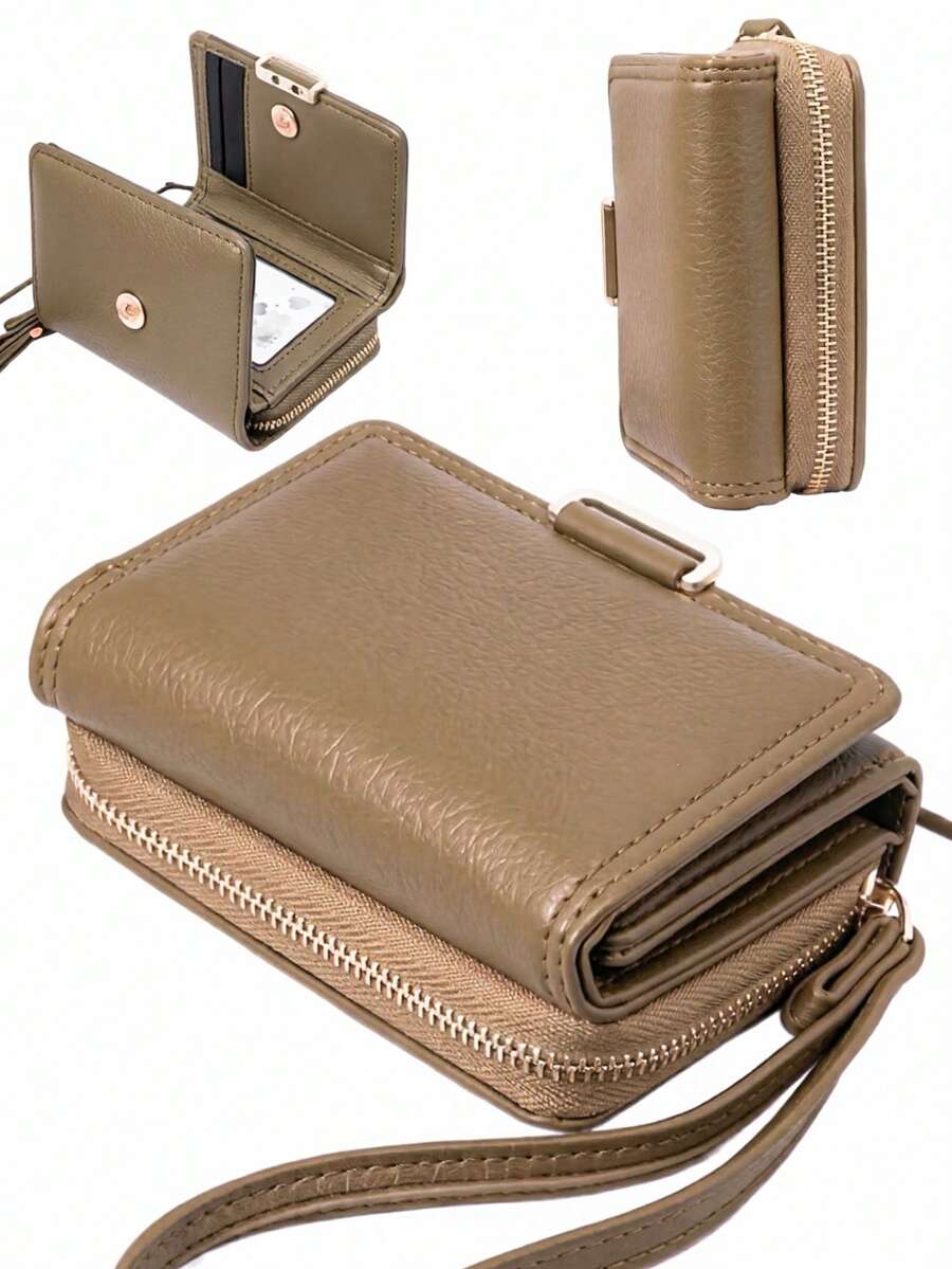 MINGYOU Short Handheld Trifold Wallet, PU Women's Multifunctional Wallet With Zipper, Large Capacity Coin Purse, ID Card Holder - Camel - View 1