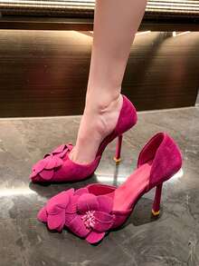2026 Spring/Summer New Red Floral Hollow High Heel Shoes For Women, Versatile European And American Style Stiletto Pointed Toe Pumps For Commuting - Hot Pink - View 7