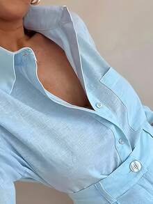 Women's Fashionable And Casual Two-Piece Set: Light Blue Shirt + High-Waisted Shorts.The Fabric Is Lightweight And Breathable, Perfect For Summer Wear - 淺藍色 - 查看 2