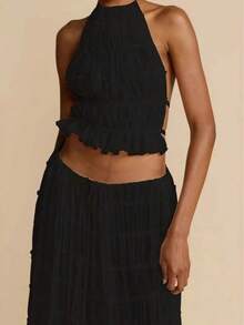2026 Summer Halter Neck 2-Piece Outfit, Ruffled Crop Top & Maxi Skirt Set, Boho Style Tiered Chiffon Co-Ord For Vacation & Party Wear - 杏色 - 查看 4