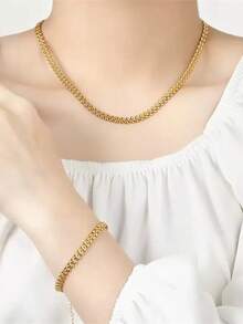 1pc Stainless Steel Fashion Versatile Personalized Geometric Chain Necklace Jewelry For Women, Suitable For Daily Wear And Holiday Gifts - Yellow Gold - View 3