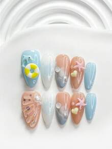10件手工穿戴式美甲貼，Polygel美甲套組，游泳圈、海星與愛心設計，藍色指甲油，清新夏日風，附美甲工具，3種尺寸可選，方型、短方型、杏仁型，適合派對、跳舞、日常穿戴 - 彩色 - 查看 19