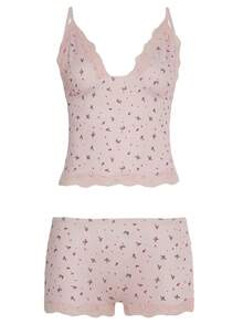Conjunto de Pijama de Dos Piezas para Mujer, Ropa de Dormir de Verano, Camisola sin Mangas con Encaje Floral Rosa y Pantalones Cortos Ajustados - Rosa - Ver 6