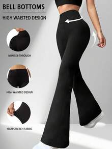 Pantalones acampanados súper suaves para mujer, de cintura alta, control de abdomen, para entrenamiento, yoga, push-up, gimnasio, fitness, leggings largos, pantalones de campana - Azul cielo - Ver 7
