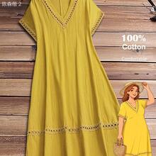 xuehuamaoyi02  Vestido casual holgado de unicolor con cuello en V y mangas cortas para mujer de talla grande - Azul - Ver 2