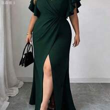 yonghongmaoyi1 Vestido largo de mujer talla grande de cuello en V verde profundo, vestido de noche elegante con mangas cortas con volantes, cintura cruzada y abertura alta, - Rosa - Ver 5