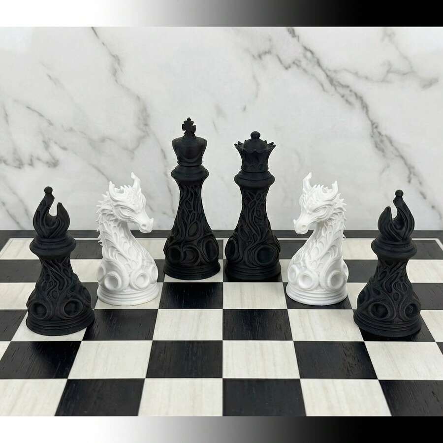 16pcs 3D Printed Plastic Gothic Revival Black & White Chess Set | Sci-Fi Celtic Woven Art Dragon Pattern - Matte Polymer Hollow Geometric Structure Desktop Game, Suitable For Casual Entertainment, Anxiety Relief And Stress Relief Toy, Holiday Gift. (Random Color)