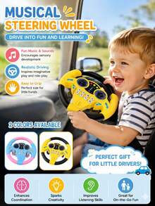 1pc Children's Blue & Yellow Rear Seat Driving Simulation Car Back Seat Music Multi-Function Rotating Steering Wheel (Battery Not Included) - Multicolor - View 1