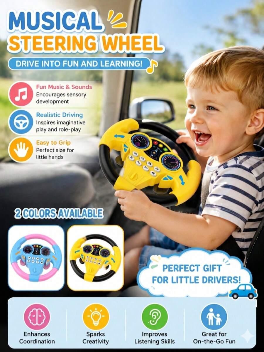 1pc Children's Blue & Yellow Rear Seat Driving Simulation Car Back Seat Music Multi-Function Rotating Steering Wheel (Battery Not Included) - Multicolor - View 1