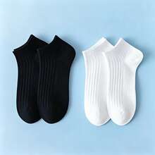 1/3/4/5/10/12/2雙 女款夏季透氣純色船襪，黑色、白色、灰色 - 黑與白 - 查看 6