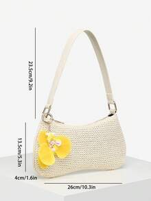 1 pieza Bolso de hombro tipo baguette para mujer, estilo vintage de vacaciones, con colgante tejido de cola de piel sintética, perlas falsas, flores de cerezo y cuentas de vida marina, adecuado para citas, salidas y vacaciones - Albaricoque - Ver 5
