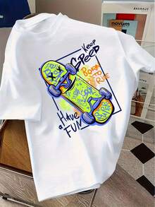 Camiseta de manga corta con estampado de skateboard, 95% algodón, estilo urbano, moderno, informal, deportivo, estilo. - Negro - Ver 9