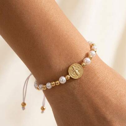 1PC Summer Fashion Minimalist Copper Bead Bracelet, Jesus Pendant Bracelet, Faux Pearl Bracelet, Gold Bead Bracelet, Friendship Bracelet, Adjustable Size Bracelet, Lucky Bracelet, Religious Bracelet, Mother's Day Gift, Birthday Gift, Family Gift, Christian Gift, Anniversary Gift