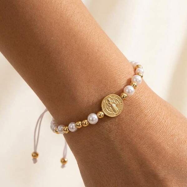 1 pieza Pulsera de moda de verano minimalista con cuentas de cobre, pulsera con colgante de Jesús, pulsera de perlas falsas, pulsera con cuentas doradas, pulsera de la amistad, pulsera de tamaño ajustable, pulsera de la suerte, pulsera religiosa, regalo del Día de la Madre, regalo de cumpleaños, regalo familiar, regalo cristiano, regalo de aniversario