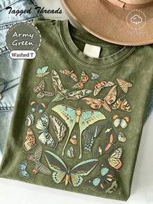 100% Cotton Vintage Butterfly & Moth Shirt Cottagecore Aesthetic Tee, Nature Lover Gift Comfortable T-Shirt Unisex Women's & Men's Campus Daily Wear - Washed T - Green - 查看 1