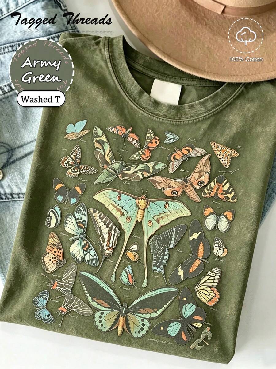 100% Cotton Vintage Butterfly & Moth Shirt Cottagecore Aesthetic Tee, Nature Lover Gift Comfortable T-Shirt Unisex Women's & Men's Campus Daily Wear - Washed T - Green - 查看 1