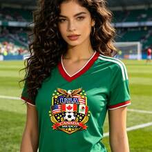 T-Shirt With A Combined  Print Of The USA, Canada, And Mexico, Featuring An Eagle Design With National Flags, A Soccer Ball In The Center, And Other Details. - 綠色 - 查看 1