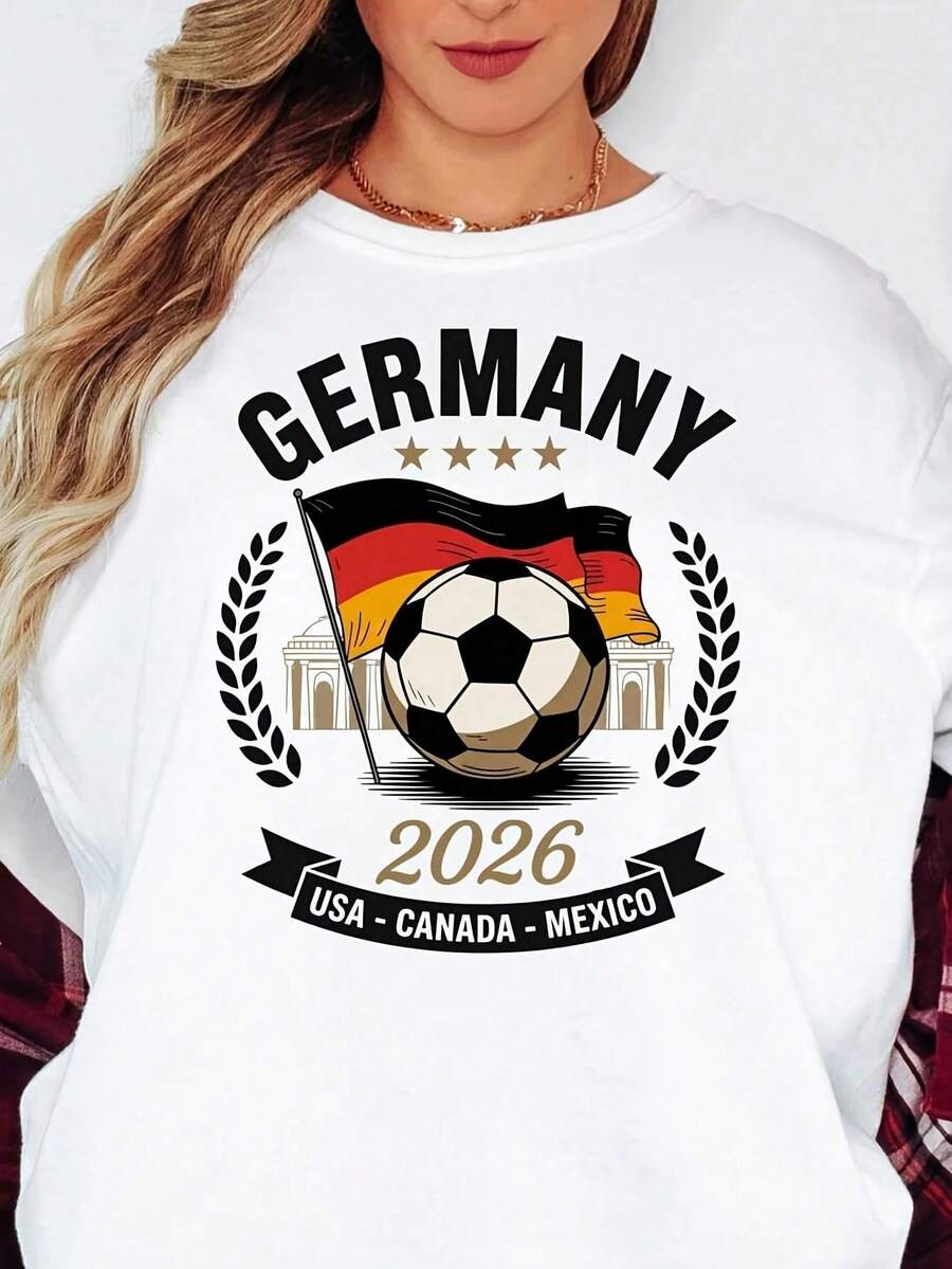 Camiseta de la Copa Mundial de Alemania 2026, Camiseta con Balón de Fútbol de Alemania, Color Cómodo, Gráfico Divertido, Camiseta Estampada Autorizada para la Copa Mundial, Camiseta Casual d - Negro - Ver 1