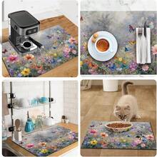 1pc Dish Drying Mat, Coffee Machine Mat, Watercolor Floral & Butterfly Nature Pattern Absorbent Mat, Durable, Excellent Water Absorption, Suitable For Dining Table, Cafe And Other Scenes, Adds Natural Fresh Style To Tabletop, Multi-Purpose Drainage Mat, Home Gift, Tabletop Decor - XYLSD-467 - View 9