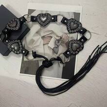 1pc PU Leather Mirror Disc Studded Lace-Up Waist Belt - Black - View 4