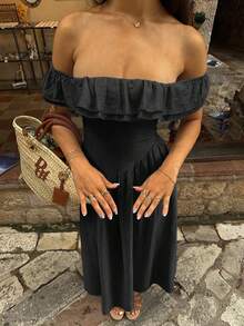 Unadoll Women's Summer Casual Elegant White Off-Shoulder Ruffle Long Dress, Solid Color A-Line Vacation Dress Black Party - Black - View 6