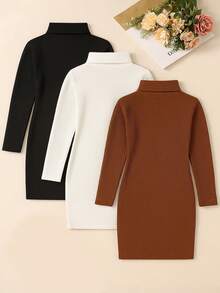 Girls Autumn/Winter 3-Color Set, High Neck Ribbed Knit Dress, Fashionable 3-Color Outfit, Minimalist Style - Multicolor - View 2