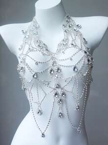 Luxury Multi-Layer Rhinestone Body Chain With Crystal Pendant, Sexy Fashionable Chest Chain For Women - Silver - View 3