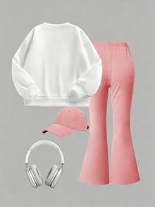 Young Girl Cartoon Bow Print Crew Neck Sweatshirt And Flare Pants Set - White - View 3