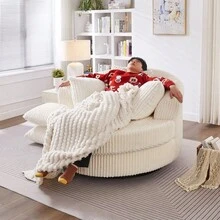 360° Swivel Sofa Chair Modern Corduroy Leisure Sofa Round Chaise Lounge With 5 Removable Pillows For Living Room Bedroom - Beige + Foam+Spring + 1 Seat1 - View 2